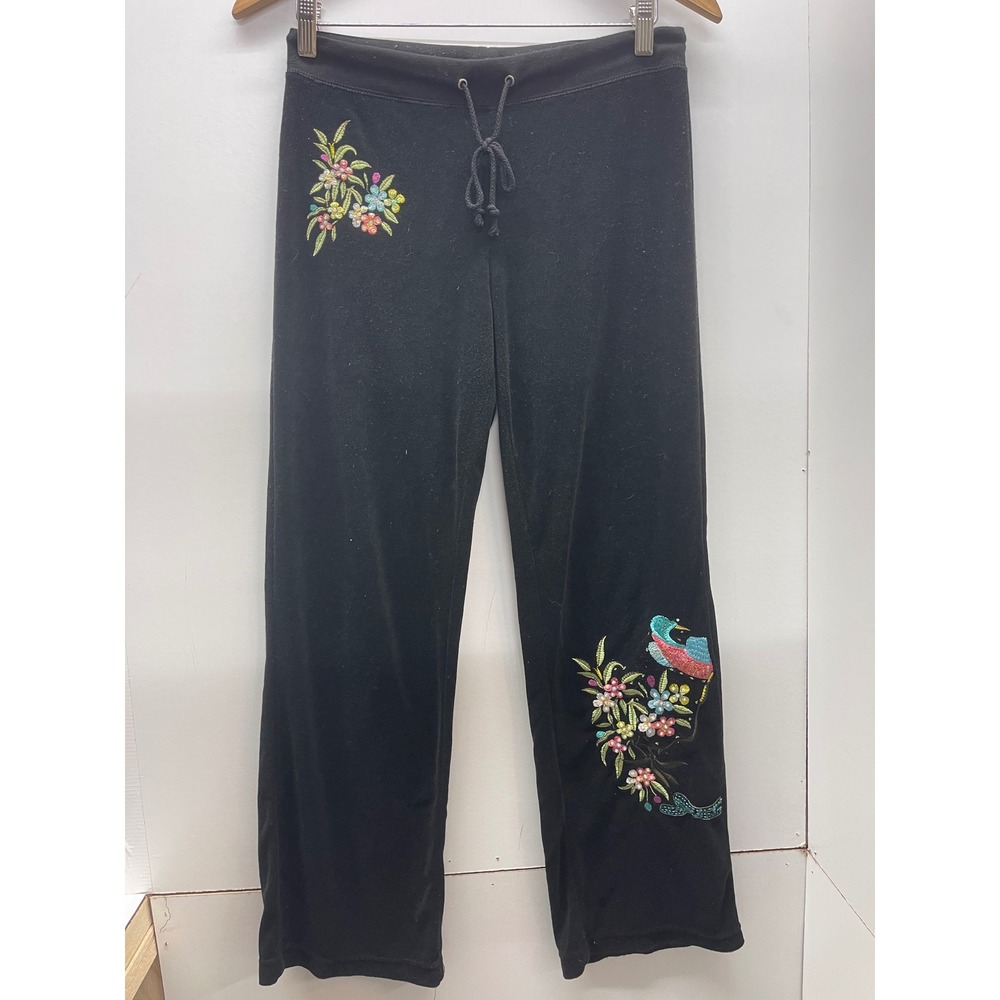 BCBGMAXAZRIA Black Embroidered Bird Floral Velour flare Sweatpants P/M VTG Y2K